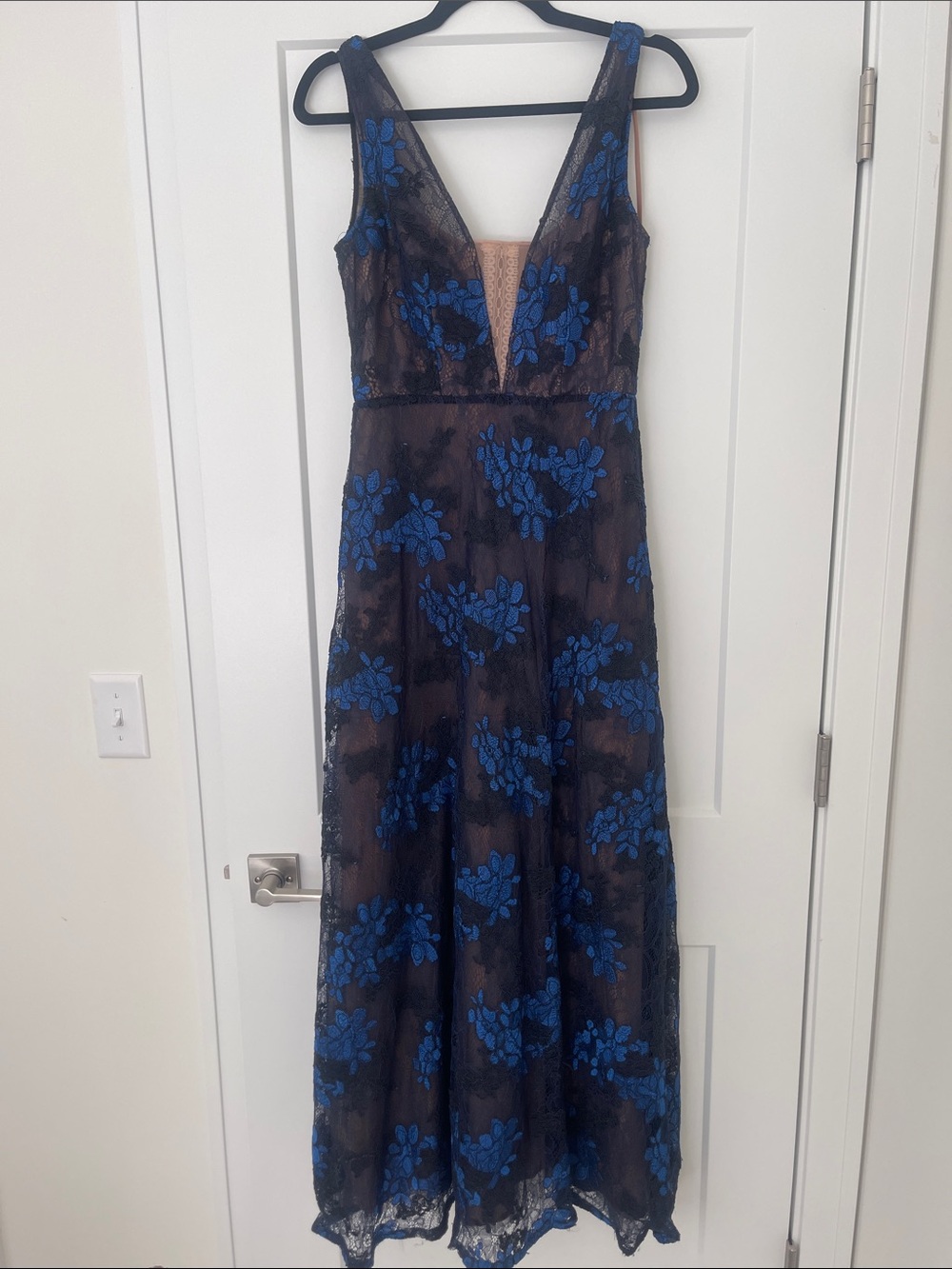 BCBGMaxAzria Black Lace Maxi Dress with Blue Floral Appliqué